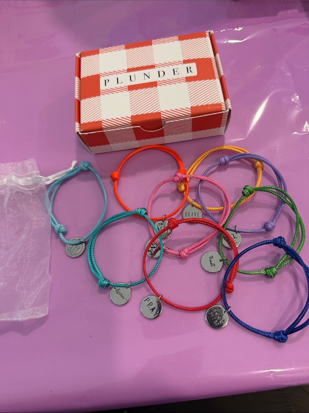 Plunder Power Words set of 9 Bright Multicolor Charm Cord Bracelet Set